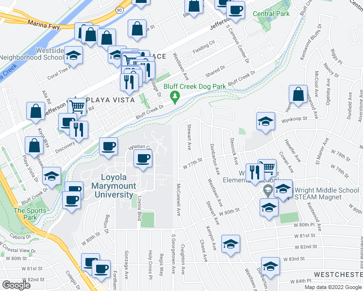 map of restaurants, bars, coffee shops, grocery stores, and more near 7530 McConnell Avenue in Los Angeles