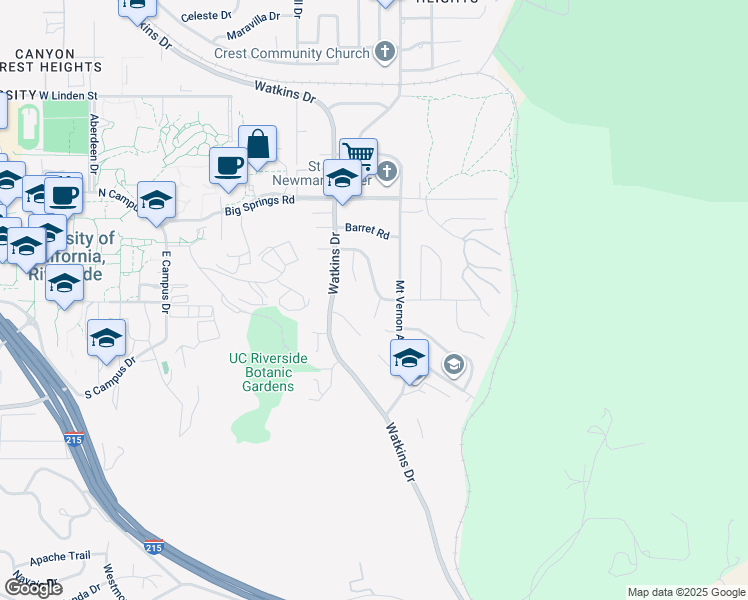 map of restaurants, bars, coffee shops, grocery stores, and more near 134 West Broadbent Drive in Riverside