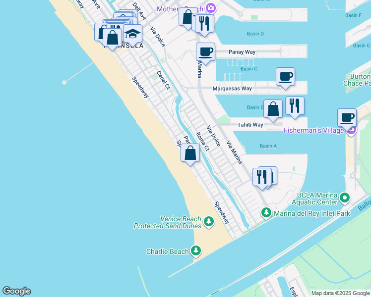 map of restaurants, bars, coffee shops, grocery stores, and more near 17 Northstar Street in Marina del Rey