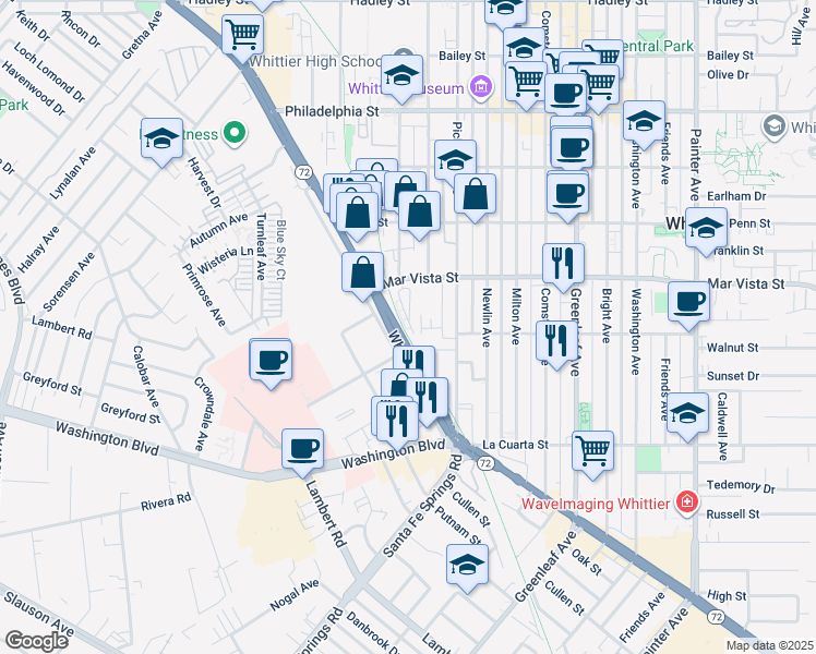 map of restaurants, bars, coffee shops, grocery stores, and more near 12466 Amesbury Circle in Whittier