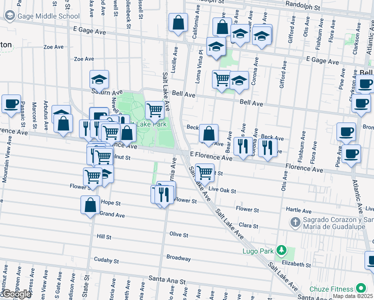 map of restaurants, bars, coffee shops, grocery stores, and more near in Huntington Park