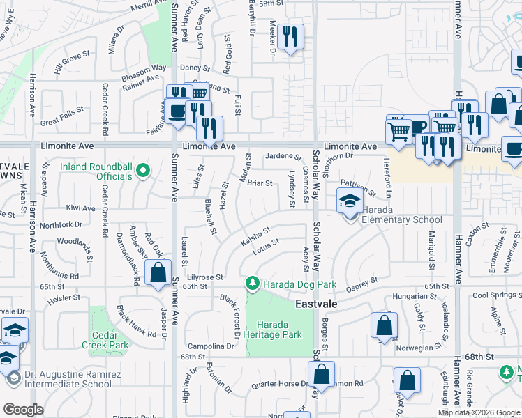 map of restaurants, bars, coffee shops, grocery stores, and more near 6379 Fern Court in Corona