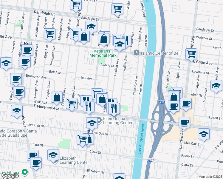 map of restaurants, bars, coffee shops, grocery stores, and more near 6833 Crafton Avenue in Bell