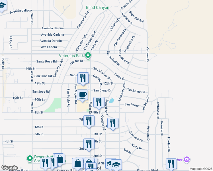 map of restaurants, bars, coffee shops, grocery stores, and more near 66641 12th Street in Desert Hot Springs