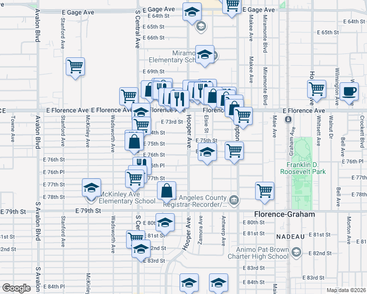 map of restaurants, bars, coffee shops, grocery stores, and more near 1254 East 75th Street in Los Angeles