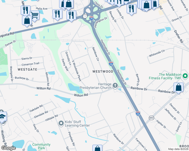 map of restaurants, bars, coffee shops, grocery stores, and more near 580 Rainbow Circle in West Columbia