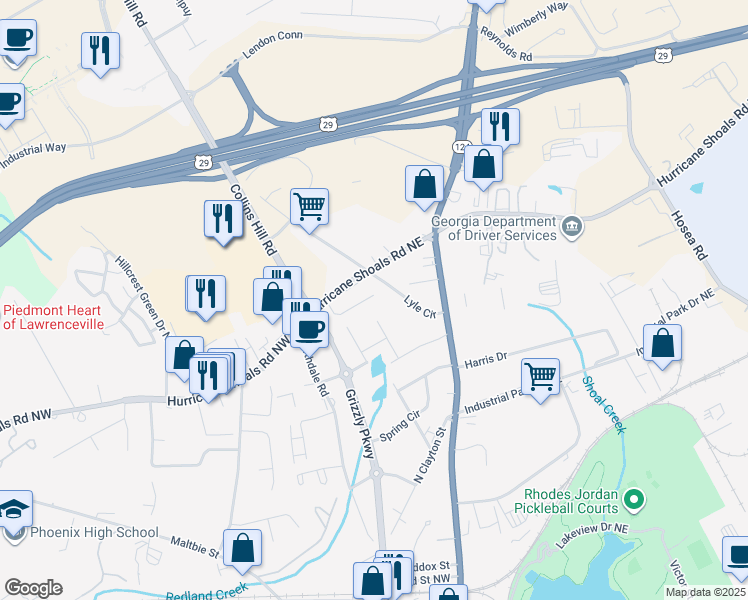 map of restaurants, bars, coffee shops, grocery stores, and more near 566 Sharon Drive in Lawrenceville