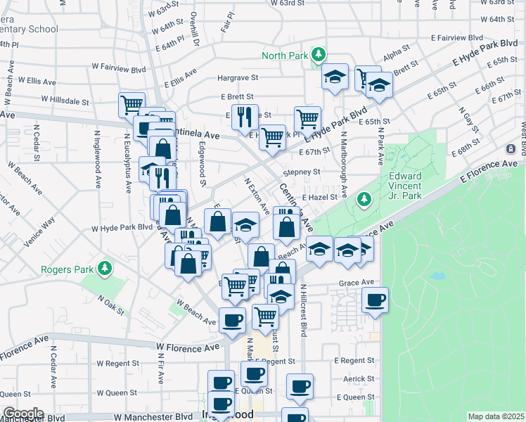 map of restaurants, bars, coffee shops, grocery stores, and more near 507 North Exton Avenue in Inglewood