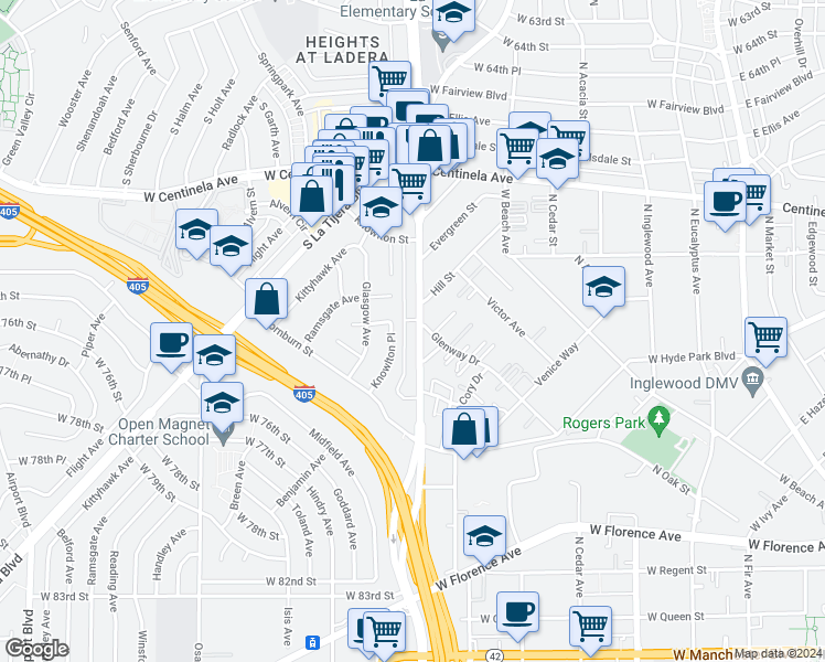 map of restaurants, bars, coffee shops, grocery stores, and more near 7111 La Cienega Boulevard in Los Angeles