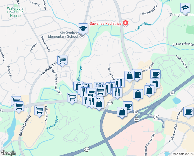 map of restaurants, bars, coffee shops, grocery stores, and more near 1220 River Overlook Drive Northwest in Lawrenceville