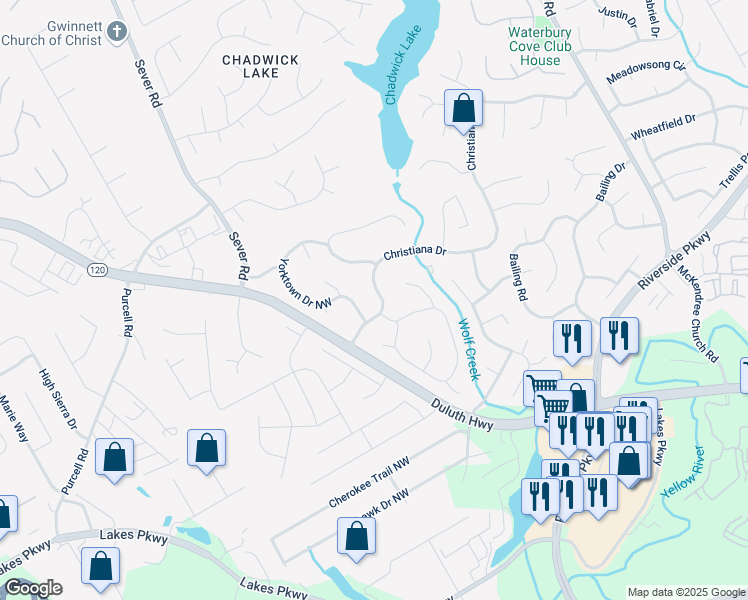 map of restaurants, bars, coffee shops, grocery stores, and more near 1368 Christiana Drive in Lawrenceville