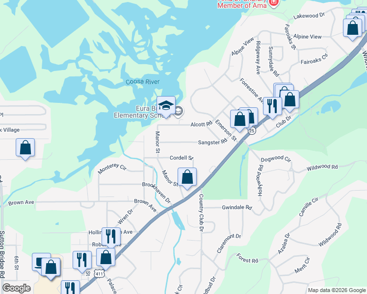 map of restaurants, bars, coffee shops, grocery stores, and more near 1252 Sangster Rd in Gadsden