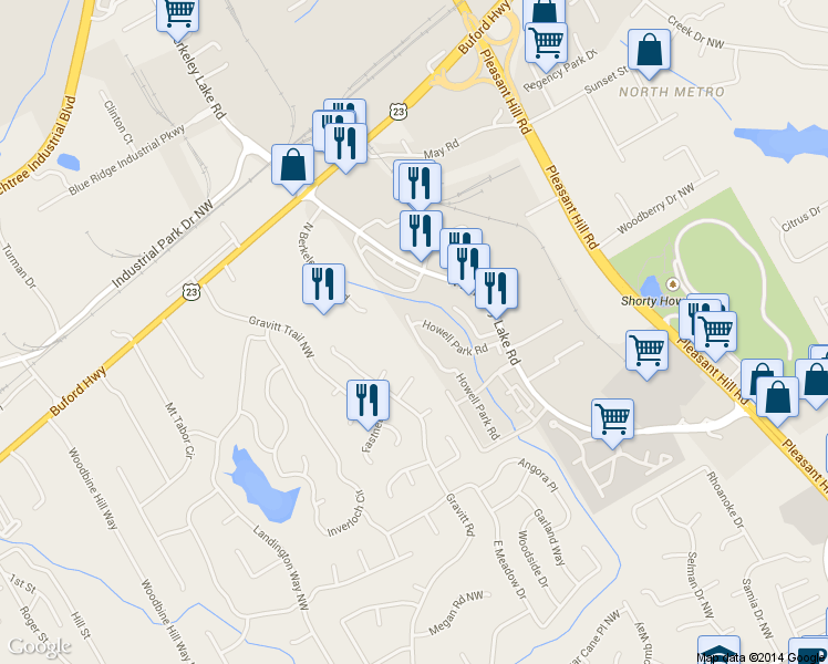 map of restaurants, bars, coffee shops, grocery stores, and more near 3972 Howell Park Road in Duluth