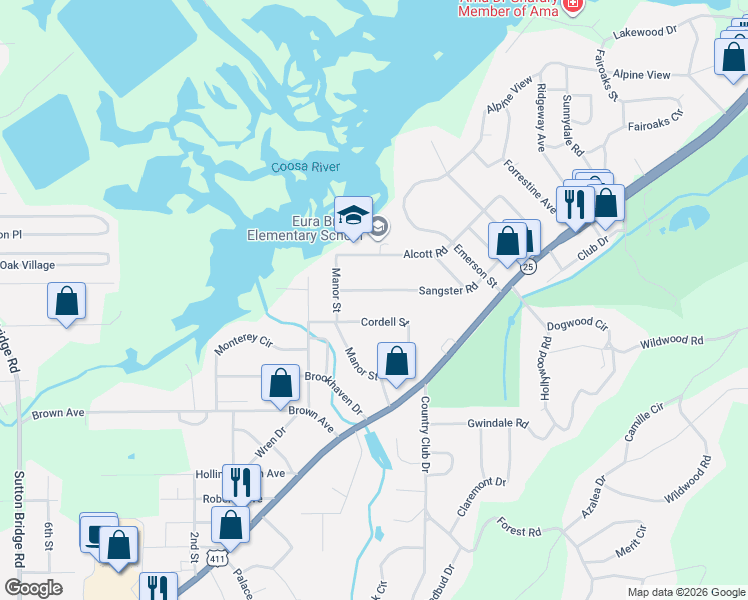 map of restaurants, bars, coffee shops, grocery stores, and more near 1252 Sangster Road in Gadsden