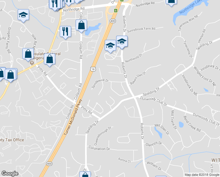 map of restaurants, bars, coffee shops, grocery stores, and more near 800 Amster Green Drive in Atlanta