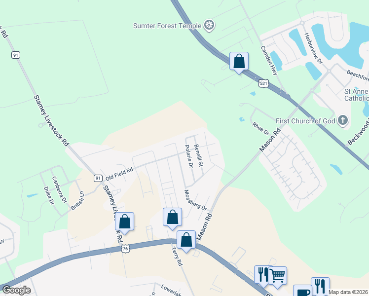 map of restaurants, bars, coffee shops, grocery stores, and more near 1800 Polaris Drive in Sumter