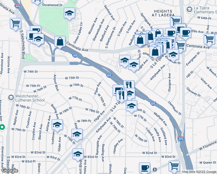 map of restaurants, bars, coffee shops, grocery stores, and more near 5736 West 74th Street in Los Angeles