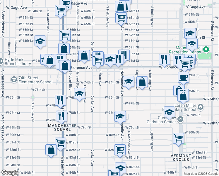 map of restaurants, bars, coffee shops, grocery stores, and more near 7422 South Halldale Avenue in Los Angeles