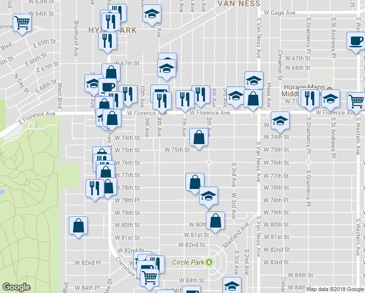 map of restaurants, bars, coffee shops, grocery stores, and more near 2903 West 75th Street in Los Angeles