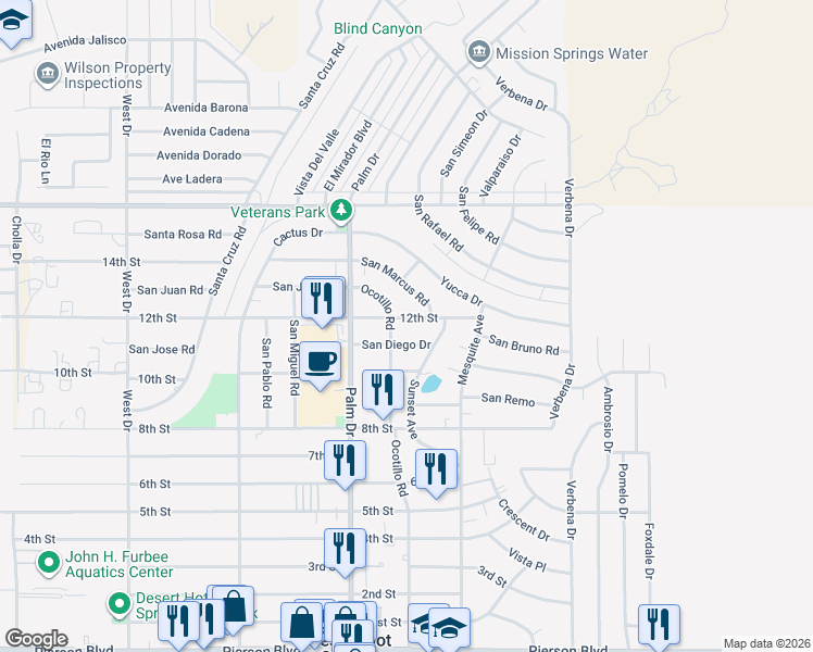 map of restaurants, bars, coffee shops, grocery stores, and more near 66629 12th Street in Desert Hot Springs
