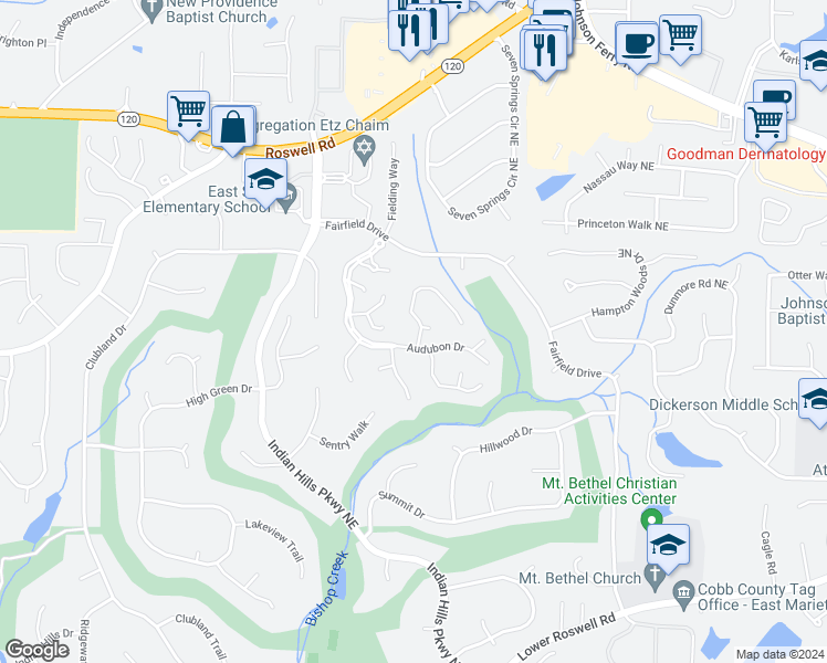 map of restaurants, bars, coffee shops, grocery stores, and more near 927 Muirfield Drive Northeast in Marietta