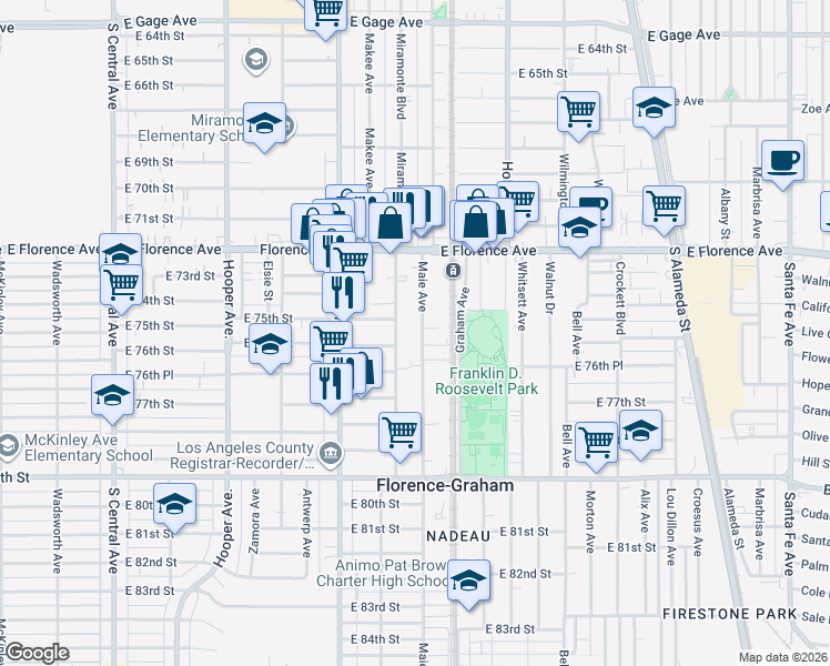 map of restaurants, bars, coffee shops, grocery stores, and more near 7505 Maie Avenue in Los Angeles