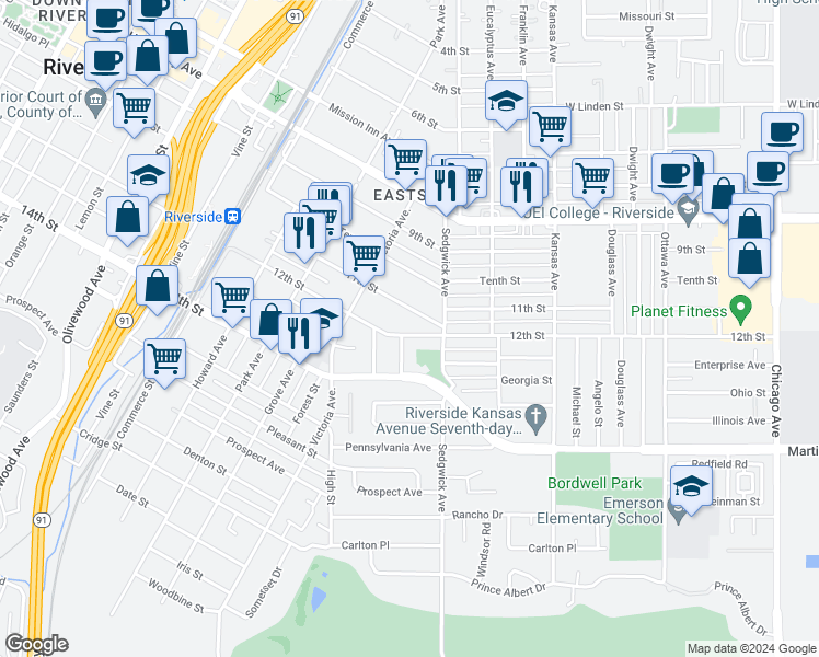 map of restaurants, bars, coffee shops, grocery stores, and more near 2481 12th Street in Riverside