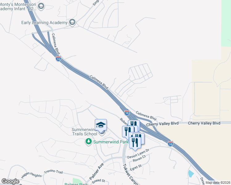 map of restaurants, bars, coffee shops, grocery stores, and more near 10320 Calimesa Boulevard in Calimesa