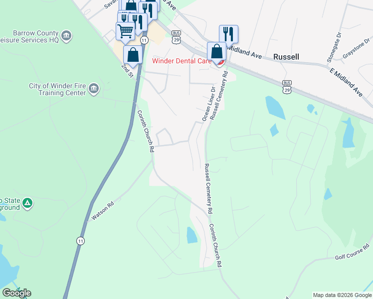 map of restaurants, bars, coffee shops, grocery stores, and more near 379 Searchlight Drive in Winder