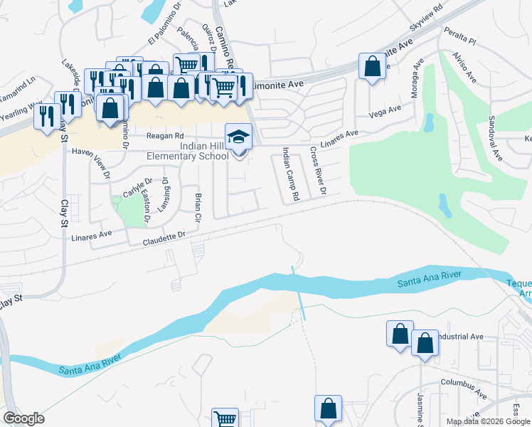 map of restaurants, bars, coffee shops, grocery stores, and more near 6621 Thunder Bay Trail in Riverside