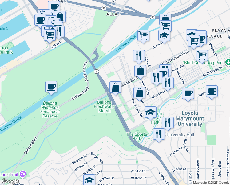 map of restaurants, bars, coffee shops, grocery stores, and more near 5625 Crescent Park West in Los Angeles