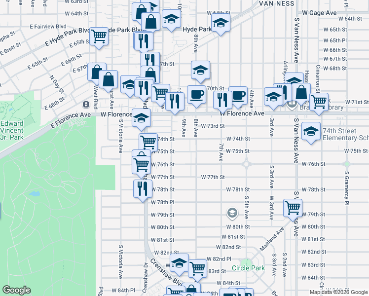 map of restaurants, bars, coffee shops, grocery stores, and more near 3129 West 75th Street in Los Angeles