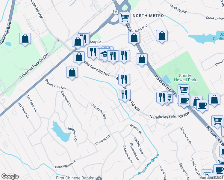 map of restaurants, bars, coffee shops, grocery stores, and more near 3971 Howell Park Road in Duluth