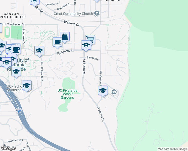 map of restaurants, bars, coffee shops, grocery stores, and more near 134 West Broadbent Drive in Riverside