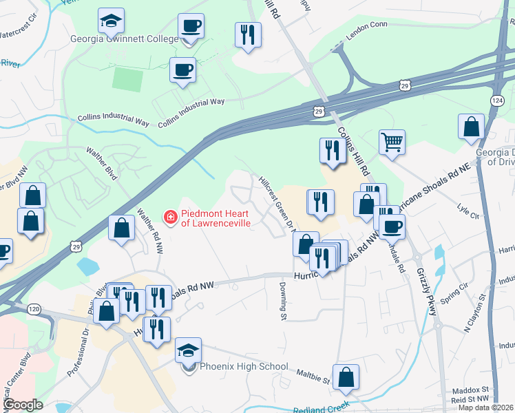 map of restaurants, bars, coffee shops, grocery stores, and more near 1107 Windy Hill Pointe Northwest in Lawrenceville