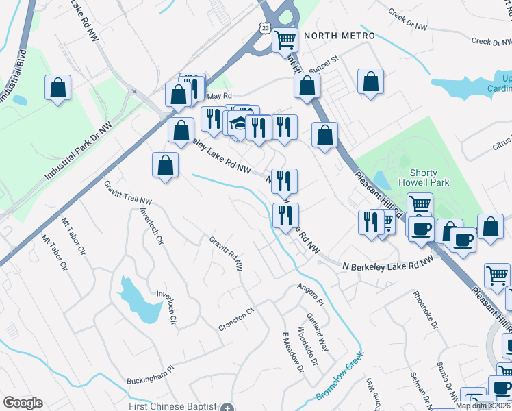 map of restaurants, bars, coffee shops, grocery stores, and more near 3971 Howell Park Road in Duluth