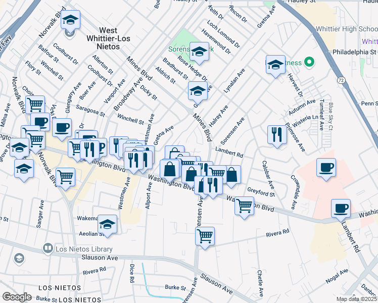 map of restaurants, bars, coffee shops, grocery stores, and more near 7823 Chatfield Avenue in Whittier
