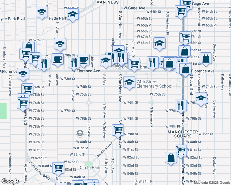 map of restaurants, bars, coffee shops, grocery stores, and more near 2217 West 75th Street in Los Angeles