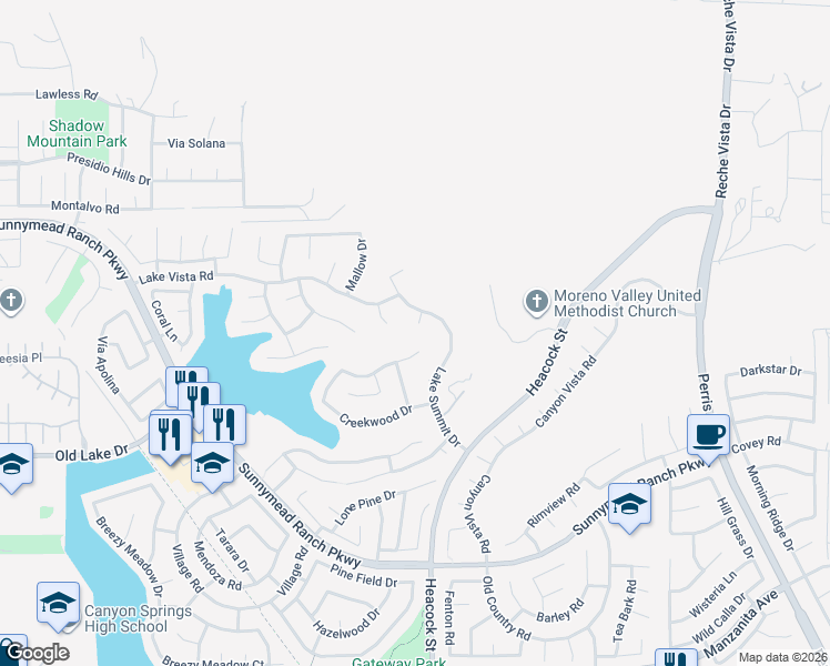 map of restaurants, bars, coffee shops, grocery stores, and more near 23953 Staghorn Cir in Moreno Valley