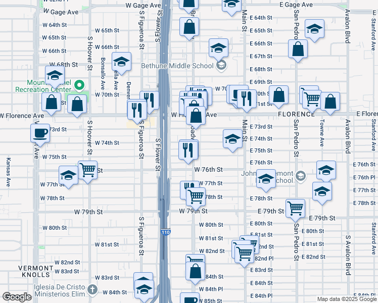 map of restaurants, bars, coffee shops, grocery stores, and more near 7422 South Broadway in Los Angeles