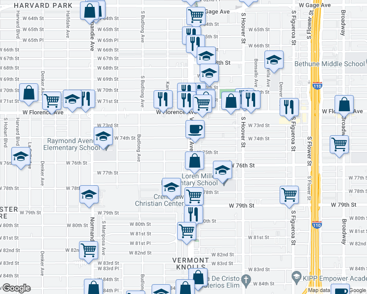 map of restaurants, bars, coffee shops, grocery stores, and more near 1011 West 75th Street in Los Angeles
