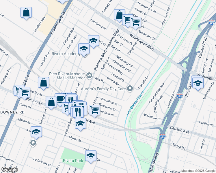 map of restaurants, bars, coffee shops, grocery stores, and more near 9552 Rex Road in Pico Rivera