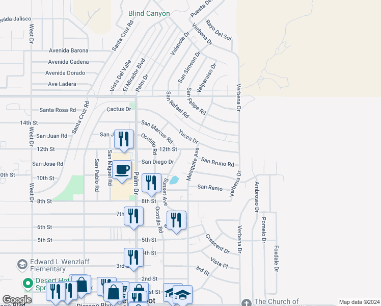 map of restaurants, bars, coffee shops, grocery stores, and more near 66725 12th Street in Desert Hot Springs