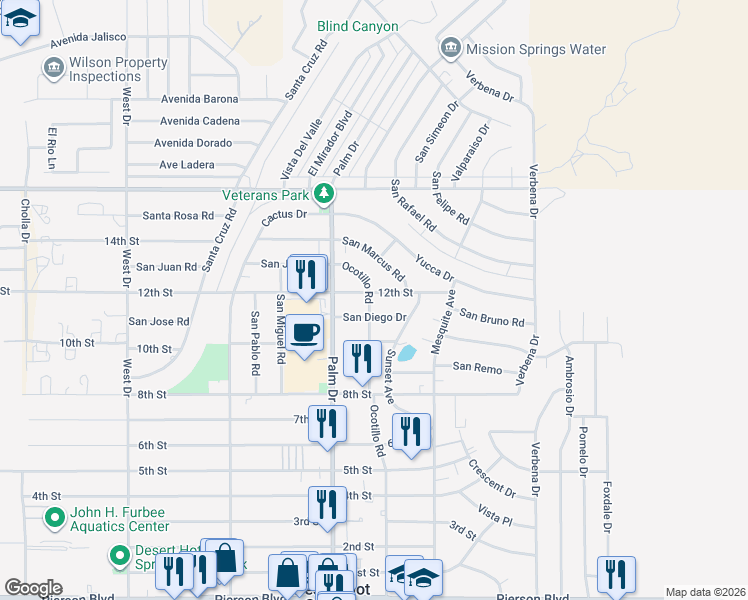 map of restaurants, bars, coffee shops, grocery stores, and more near in Desert Hot Springs