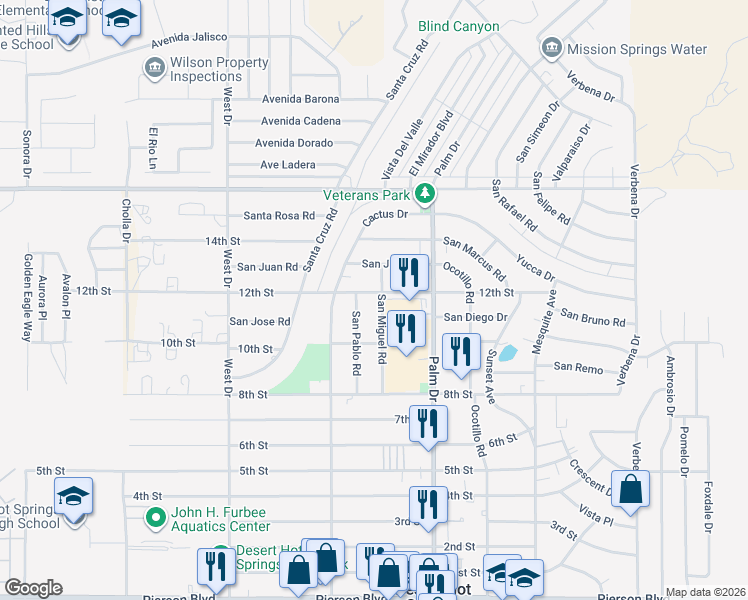 map of restaurants, bars, coffee shops, grocery stores, and more near 10501 San Miguel Road in Desert Hot Springs