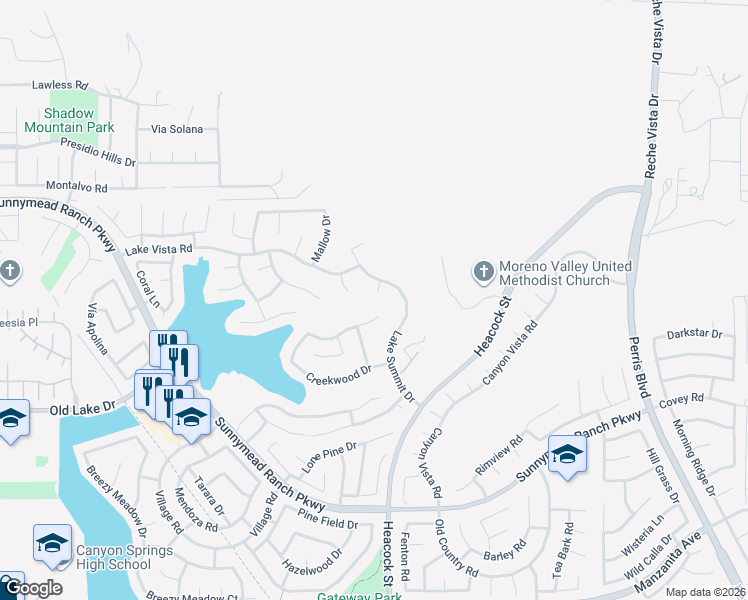 map of restaurants, bars, coffee shops, grocery stores, and more near 23953 Staghorn Circle in Moreno Valley