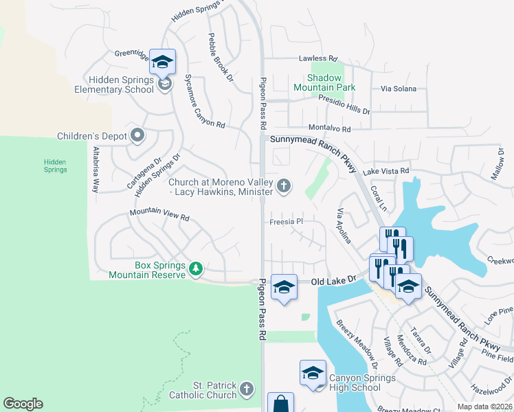 map of restaurants, bars, coffee shops, grocery stores, and more near 10259 Sycamore Canyon Road in Moreno Valley