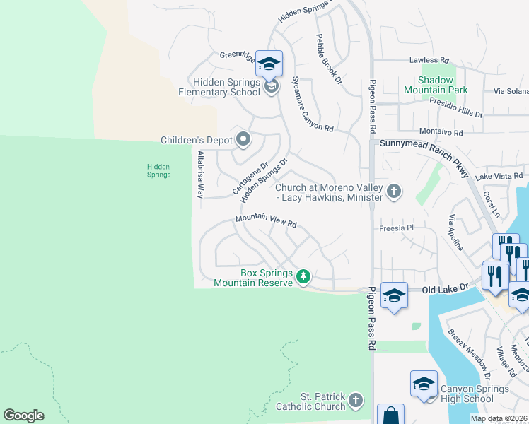 map of restaurants, bars, coffee shops, grocery stores, and more near 22600 Mountain View Road in Moreno Valley