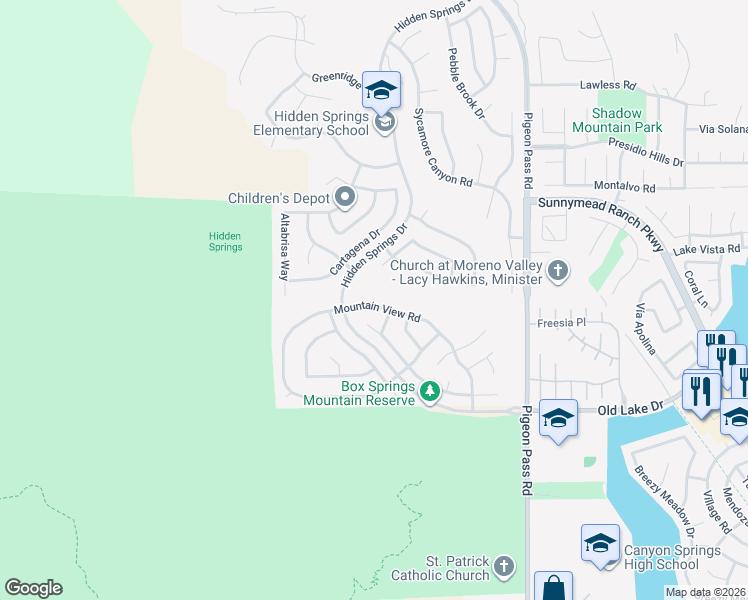 map of restaurants, bars, coffee shops, grocery stores, and more near 22600 Mountain View Road in Moreno Valley