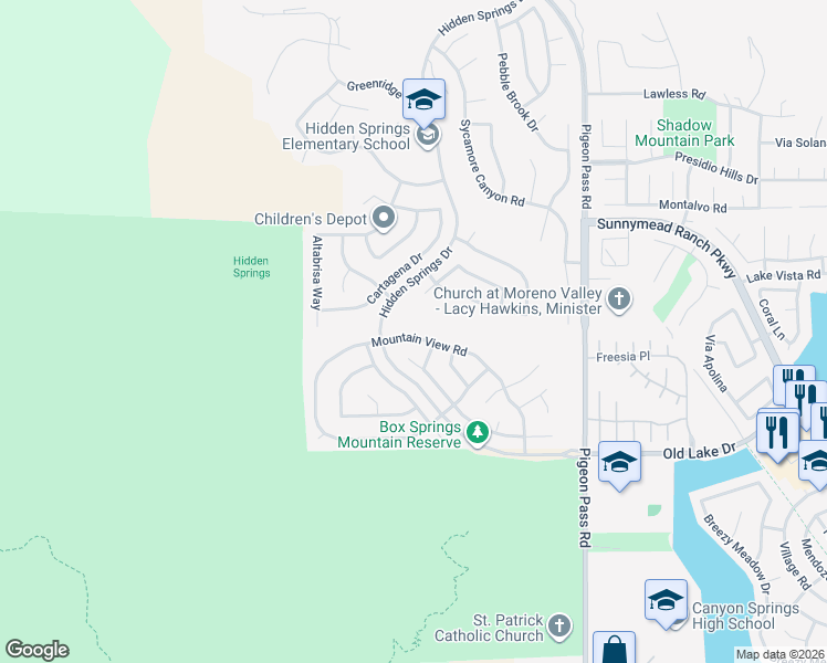 map of restaurants, bars, coffee shops, grocery stores, and more near 22600 Mountain View Road in Moreno Valley